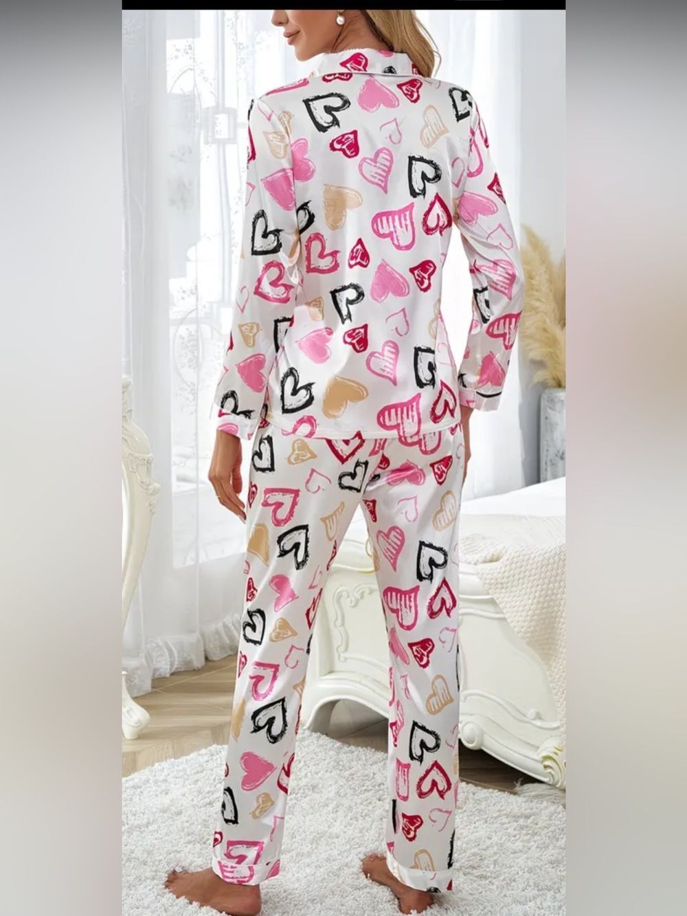 MISSLOOK Heart-Print Satin Pajama Set in Pink, Black & Cream - Picture 8 of 8